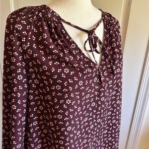 BODEN 6 Burgundy Floral Polly Peasant Blouse Boho Long Sleeve V-Neck Tie Collar